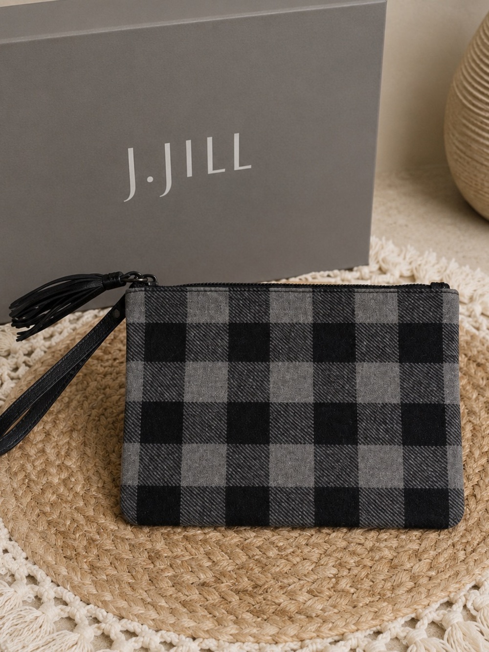 J.Jill‎ Gray Black Plaid Buffalo Wristlet Pouch Women OS